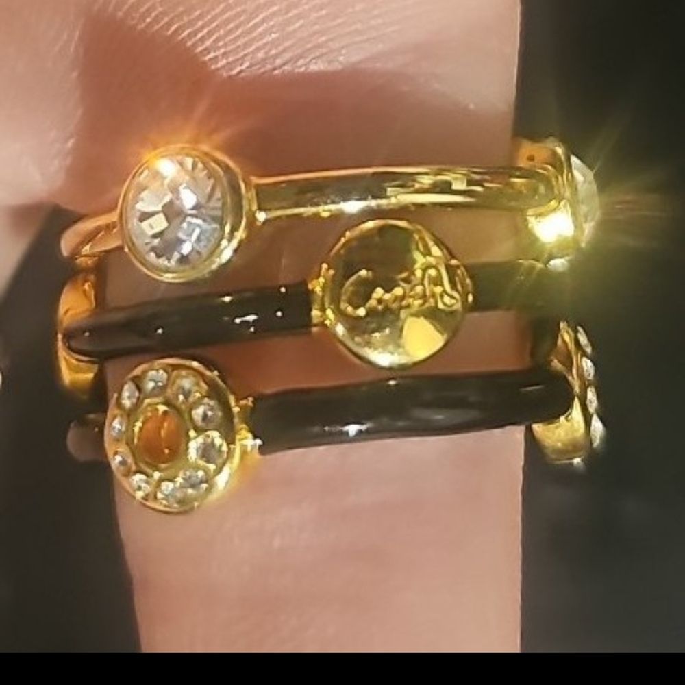 Authentic COACH Gold and Black Crystal Pebble Stacking Ring Set